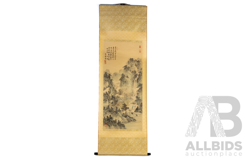 Artist Unknown (20th Century, Asian School), Mountain Landscape with Waterfall, Japanese Ink & Wash on Silk Panel Shodo Kakejiku (Hanging Scroll), 174 x 55 cm