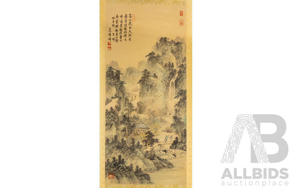 Artist Unknown (20th Century, Asian School), Mountain Landscape with Waterfall, Japanese Ink & Wash on Silk Panel Shodo Kakejiku (Hanging Scroll), 174 x 55 cm