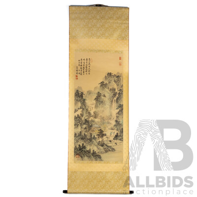 Artist Unknown (20th Century, Asian School), Mountain Landscape with Waterfall, Japanese Ink & Wash on Silk Panel Shodo Kakejiku (Hanging Scroll), 174 x 55 cm