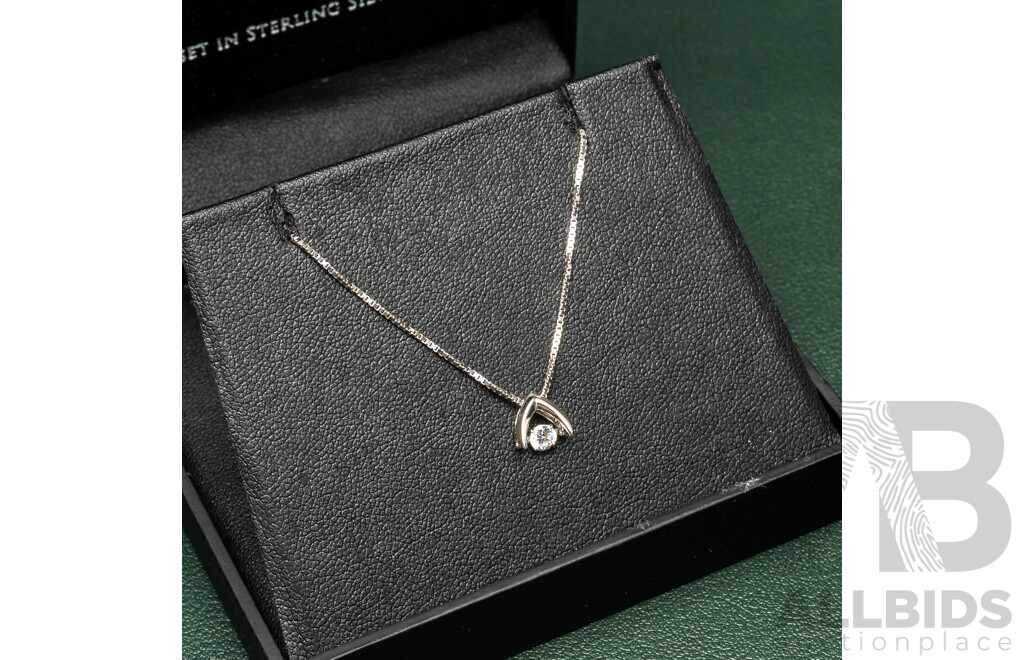 NEW - Dancing Diamond Designs Sterling Silver Cubic Zirconia Wishbone Pendant on Chain, 40+5cm, 2.37 Grams