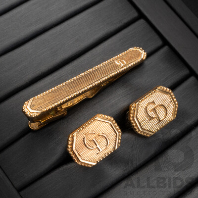 Christian Dior Vintage Cuff Link & Tie Bar Set, Gold Tone, Boxed