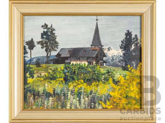 1661364 · Artists Unknown (20th Century), Country Church, Mitre Peak, New Zealand, Lone House and Dirt Path, Collection of Four Vintage Oil on Canvas Boards (& One Board), 30W x 25H cm (largest frame) (4)