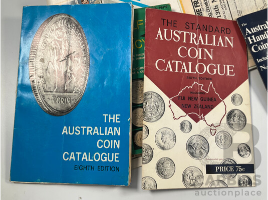 Collection of Note, Coin, Stamp Folders, Sleeves, Hinge-less, and Catalogues Including Teach Yourself Decimal Currency, Australian Handbook of Coin Collecting, 1977 Australian Coin Catalogue and More