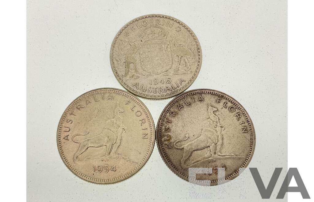 Three Australian Silver Florins Including Two 1954 Commemorative and 1946  .500