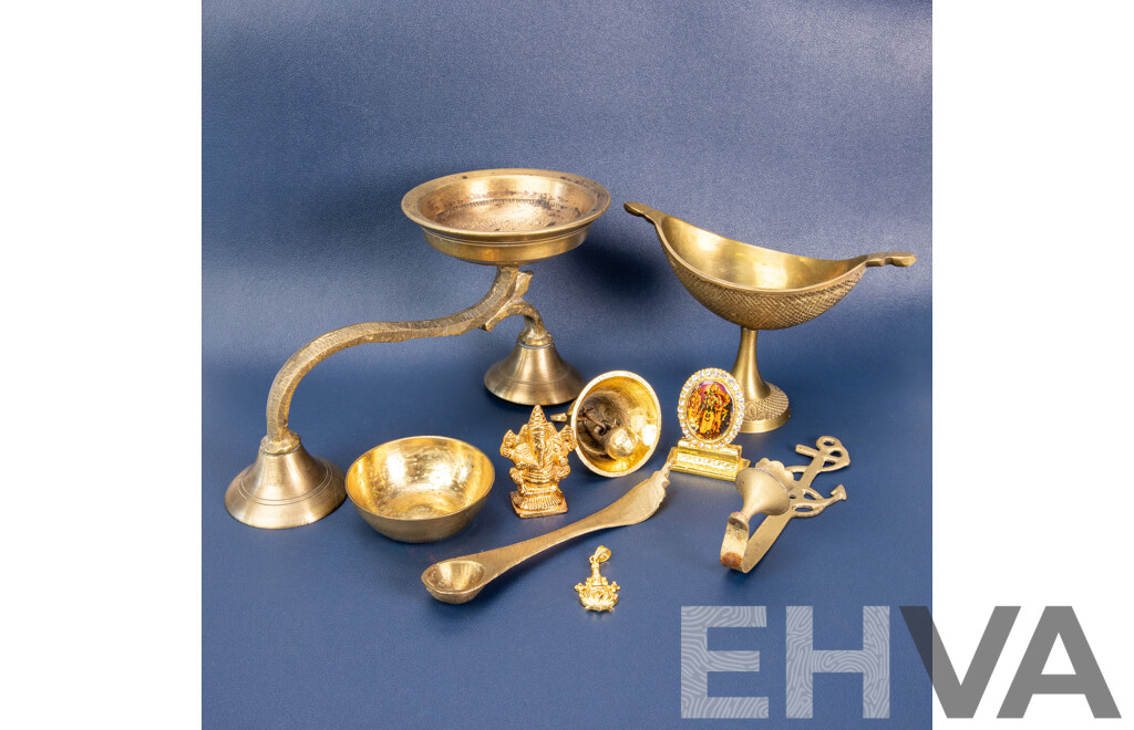 Brass Puja Set Including Ram Darbar & Ganesha Idols, Bell, Dhoop Stand & Accessories