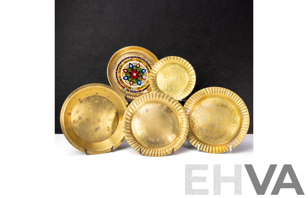 Set of Five Decorative Brass Thali Plates