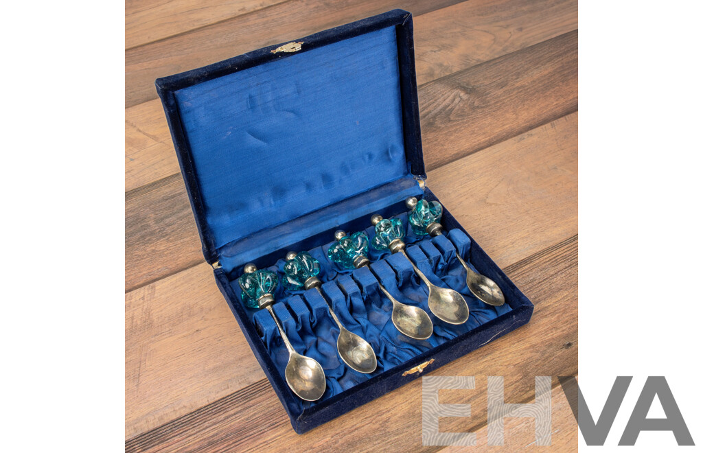 Demitasse Silver Spoons with Blue Glass Finials