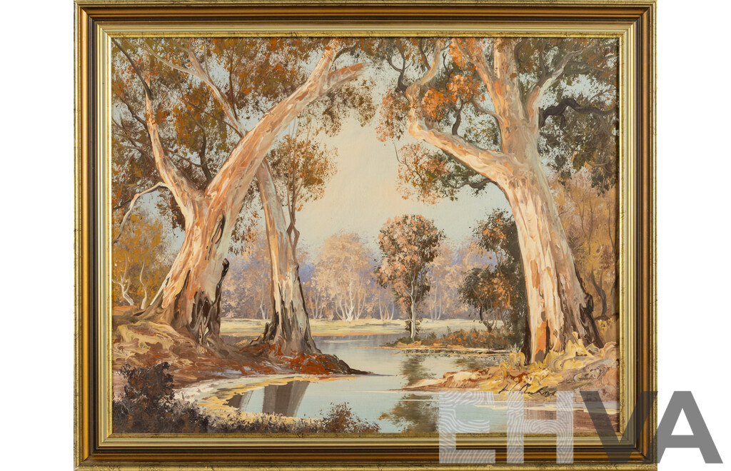 Signed Indistinctly, (20th Century, Australian), River Gums at Dusk, Wonderful Vintage Oil on Canvas Board, 54 x 67 cm (frame)