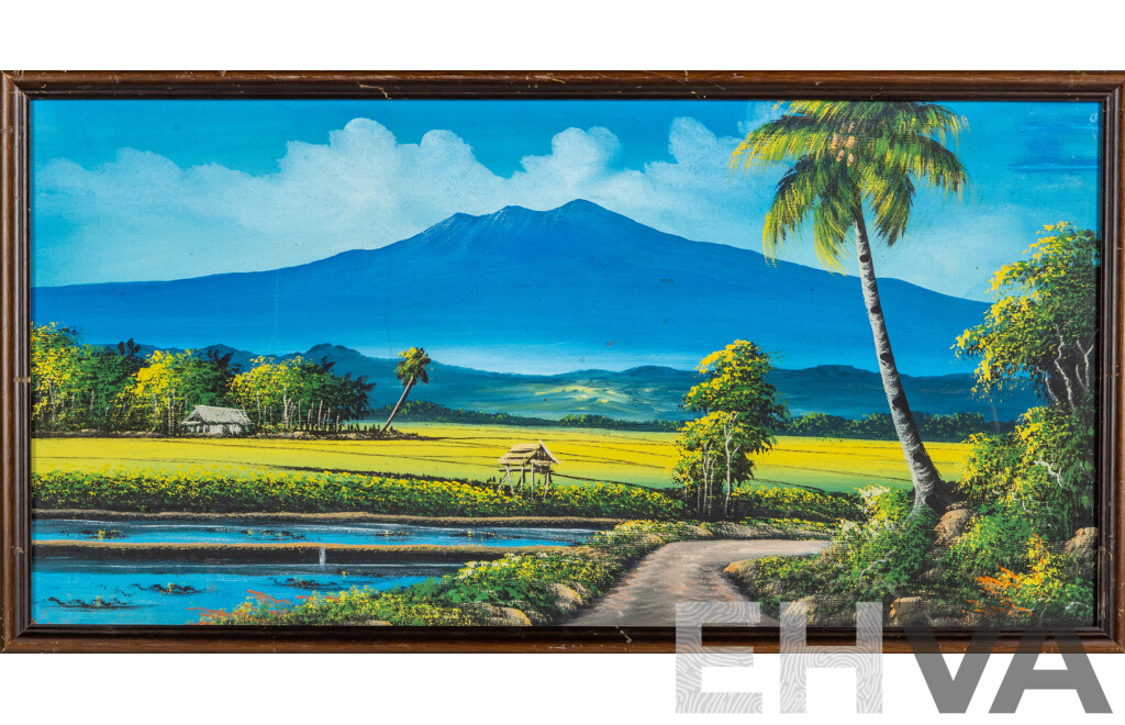 Artist Unknown, (20th Century, Balinese School), Untitled Landscape - Balinese Golden Fields, Vintage Oil on Canvas Cloth Backed on Board, 44 x 83 cm (frame)