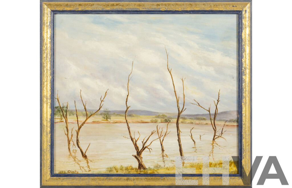 Wicky (20th Century), Reflections in the Billabong, Wonderful Vintage Oil Om Masonite, 41 x 46 cm (frame)
