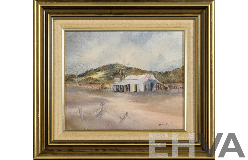 Sally Bardsley (20th Century, Australian), Secluded Bush Home (1986), Original Oil on Canvas Board, 39 x 44 cm (frame)
