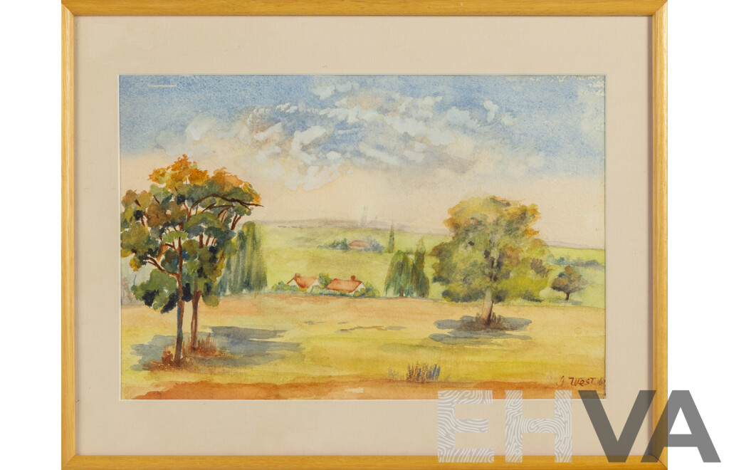 J.West, (20th Century, Active c1960s), Fields of Gold and Green, Wonderful Original Vintage Watercolour, 35 x 45 cm (frame)