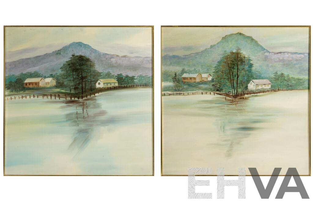 Artist Unknown (20th Century), Landscape Reflections I and II, Pair of Vintage Oil on Masonite Boards, 74 x 74 cm (frames) (2)
