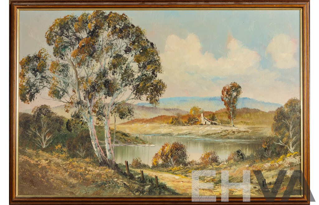 H. Burns (20th Century), Secluded Bush Cottage on a Quiet Autumn Day, Original Vintage Oil on Canvas Board, 67 x 97 cm (frame)