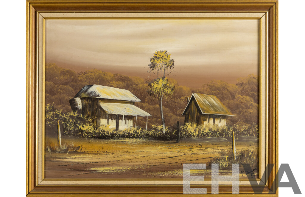 T. Jansen (20th Century), Bush Cottages (1989), Original Oil on Board, 55 x 70 cm (frame)