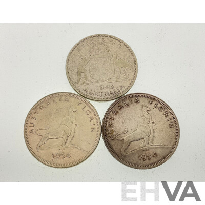 Three Australian Silver Florins Including Two 1954 Commemorative and 1946  .500