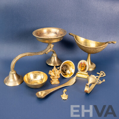Brass Puja Set Including Ram Darbar & Ganesha Idols, Bell, Dhoop Stand & Accessories