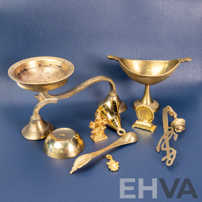 Brass Puja Set Including Ram Darbar & Ganesha Idols, Bell, Dhoop Stand & Accessories
