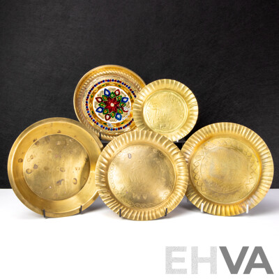 Set of Five Decorative Brass Thali Plates