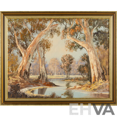 Signed Indistinctly, (20th Century, Australian), River Gums at Dusk, Wonderful Vintage Oil on Canvas Board, 54 x 67 cm (frame)
