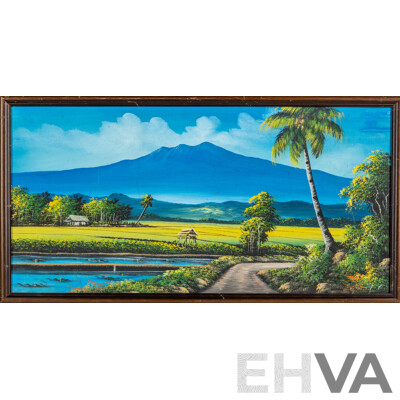 Artist Unknown, (20th Century, Balinese School), Untitled Landscape - Balinese Golden Fields, Vintage Oil on Canvas Cloth Backed on Board, 44 x 83 cm (frame)