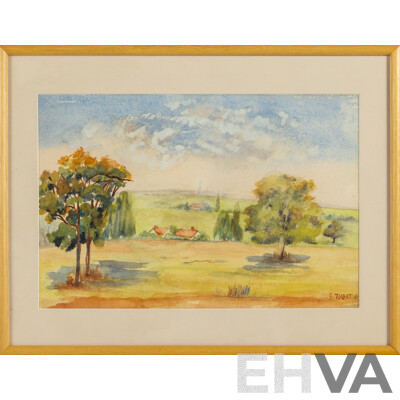 J.West, (20th Century, Active c1960s), Fields of Gold and Green, Wonderful Original Vintage Watercolour, 35 x 45 cm (frame)