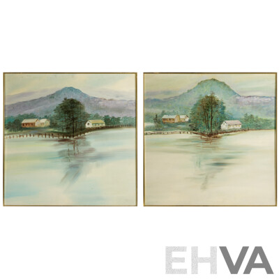 Artist Unknown (20th Century), Landscape Reflections I and II, Pair of Vintage Oil on Masonite Boards, 74 x 74 cm (frames) (2)