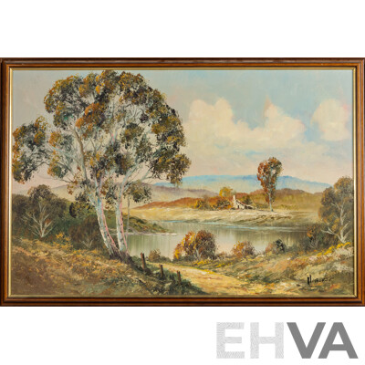 H. Burns (20th Century), Secluded Bush Cottage on a Quiet Autumn Day, Original Vintage Oil on Canvas Board, 67 x 97 cm (frame)
