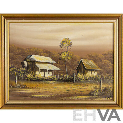 T. Jansen (20th Century), Bush Cottages (1989), Original Oil on Board, 55 x 70 cm (frame)