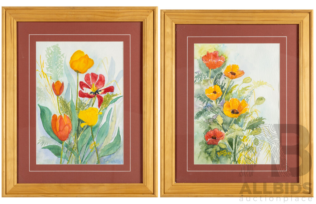 D.King (20th Century, Australian, Working c1990s), Poppies I and II, Pair of Original Watercolours, 53 x 44 cm (frames) (2)