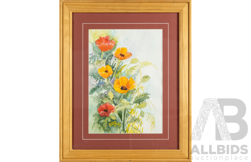 D.King (20th Century, Australian, Working c1990s), Poppies I and II, Pair of Original Watercolours, 53 x 44 cm (frames) (2)