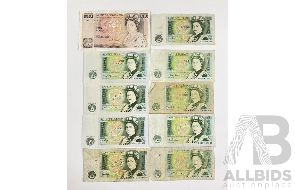 United Kingdom QE2 Banknotes Including Ten Pound and Nine One Pound
