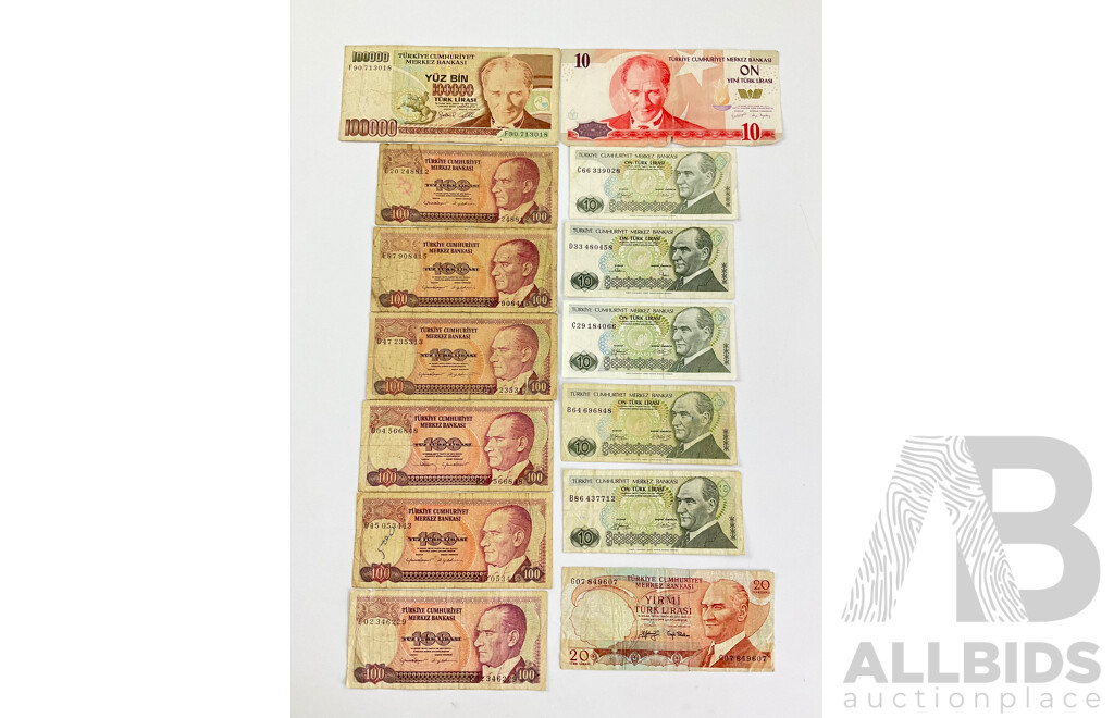 Collection of Vintage Turkish Banknotes Including Ten, One Hundred, One Hundred Thousand Lirasi