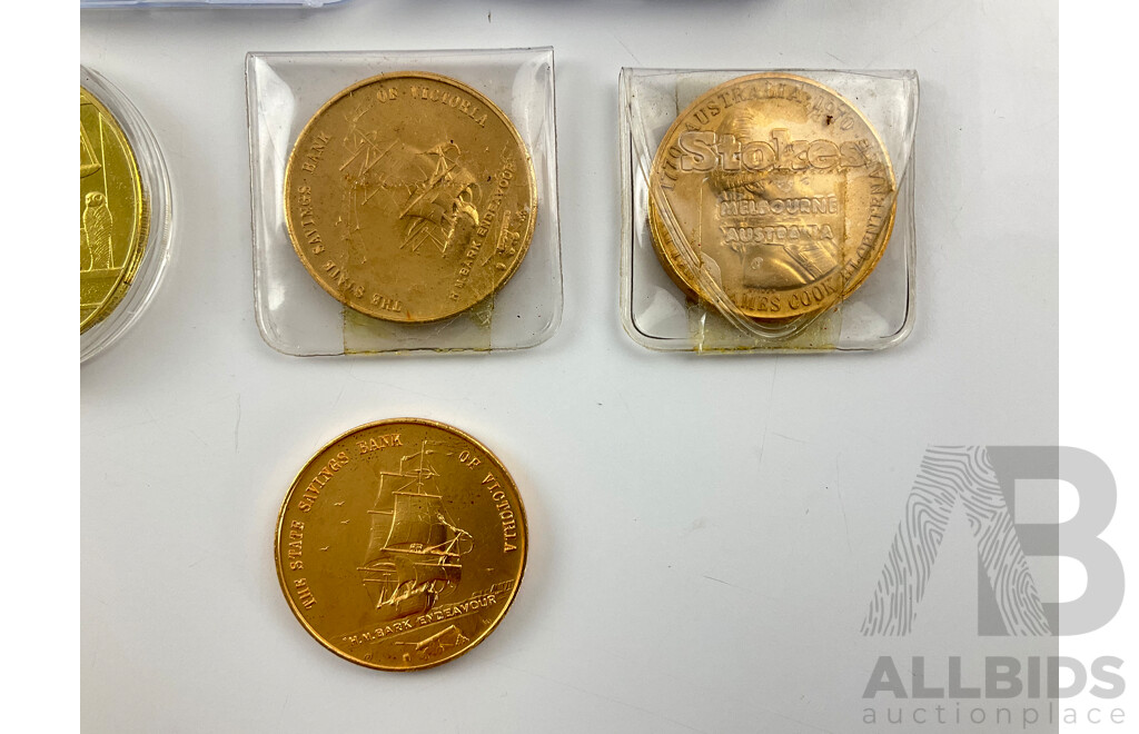 Three State Savings Bank of Australia 1970 Captain James Cook Bicentenary Medallions with Paris 2008 Notre Dame and Monnaie De Paris  Medallions and Egypt Gold Tone Anubis Coin