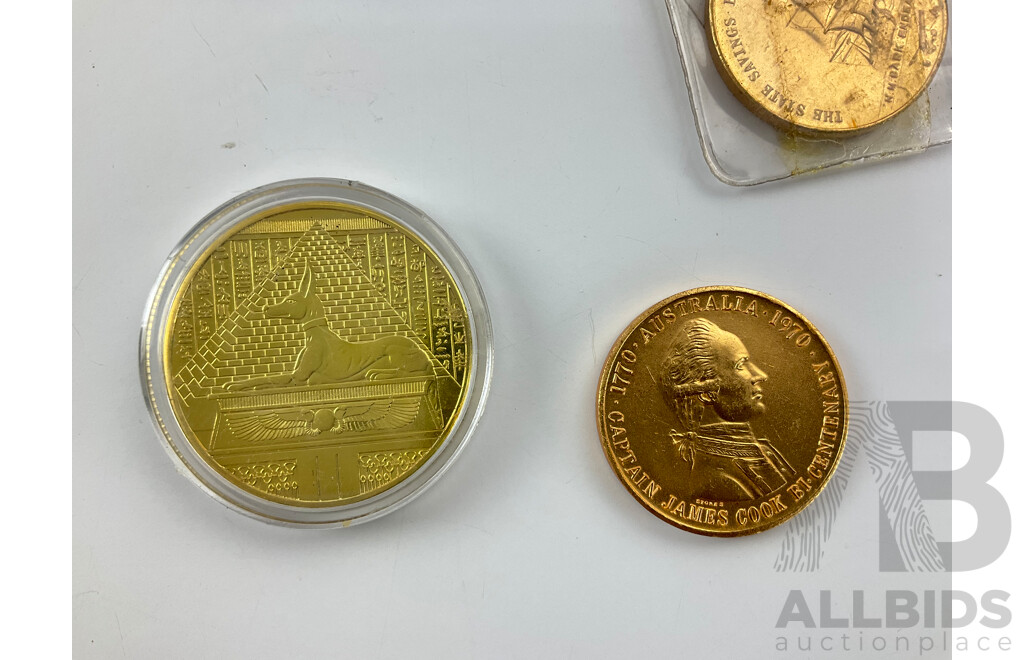 Three State Savings Bank of Australia 1970 Captain James Cook Bicentenary Medallions with Paris 2008 Notre Dame and Monnaie De Paris  Medallions and Egypt Gold Tone Anubis Coin