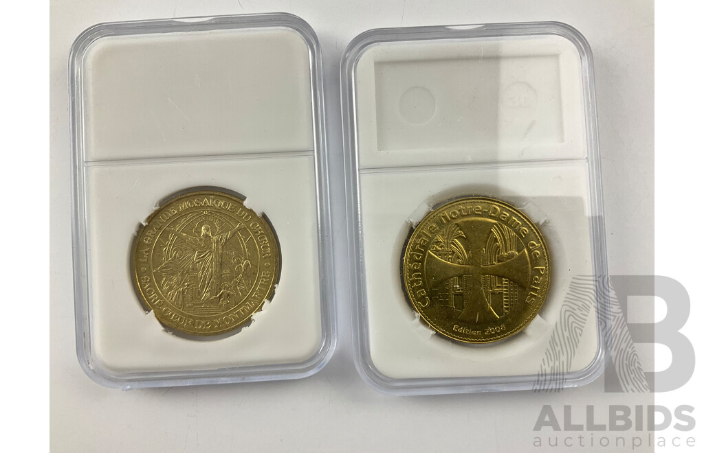 Three State Savings Bank of Australia 1970 Captain James Cook Bicentenary Medallions with Paris 2008 Notre Dame and Monnaie De Paris  Medallions and Egypt Gold Tone Anubis Coin