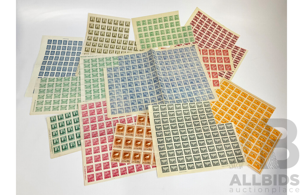 Collection of Chinese 1949/1950 Mint Stamp Sheets and Blocks Including Mao Zedong, Steam Train, Peace Dove, Gates of Heavenly Peace