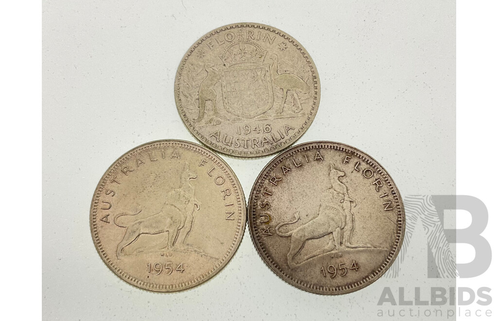 Three Australian Silver Florins Including Two 1954 Commemorative and 1946  .500