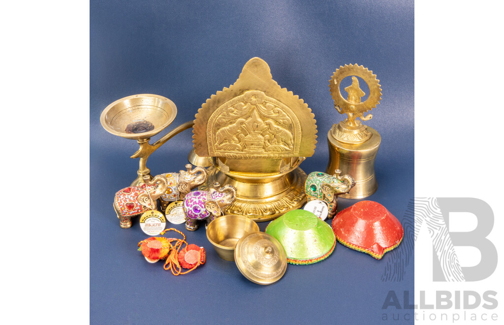 Brass Puja Set Including Ashtalakshmi Vilakku Lamp, Narasimha Statue & Accessories