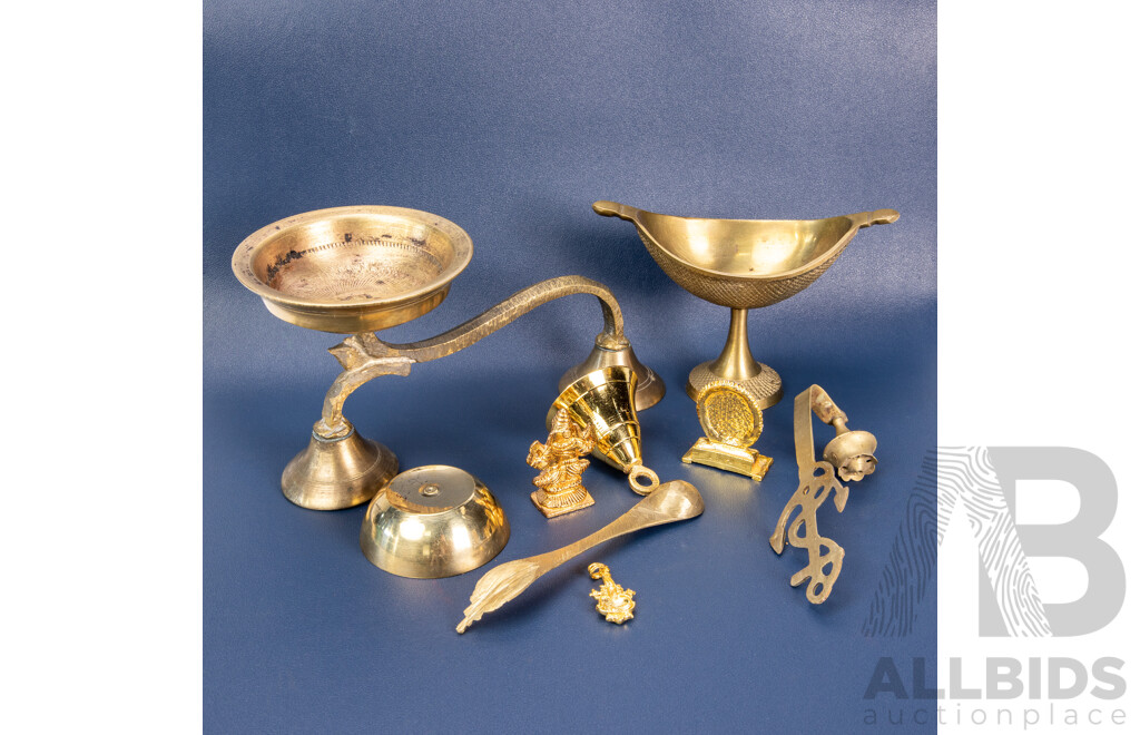 Brass Puja Set Including Ram Darbar & Ganesha Idols, Bell, Dhoop Stand & Accessories