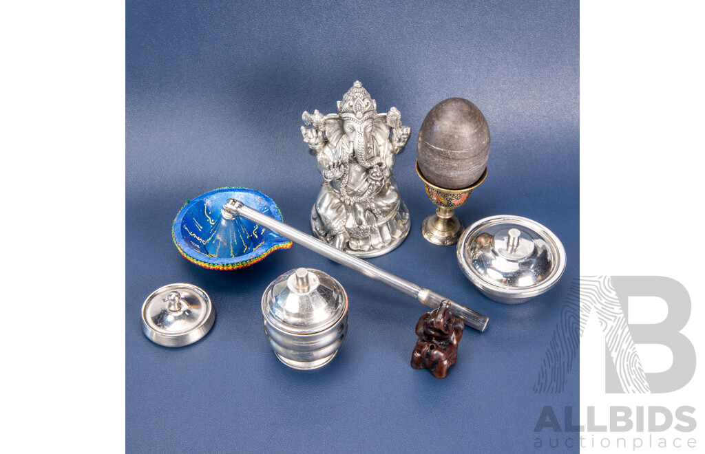 Puja Set Incl. Royal Selangor Pewter Ganesha Statue, Diyas & Assorted Items