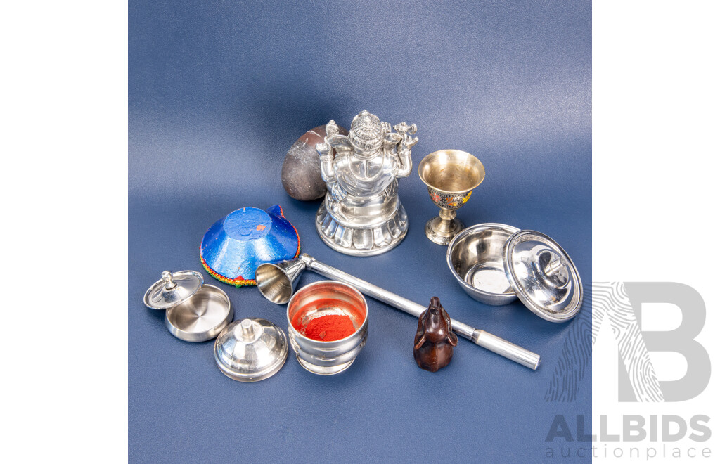 Puja Set Incl. Royal Selangor Pewter Ganesha Statue, Diyas & Assorted Items
