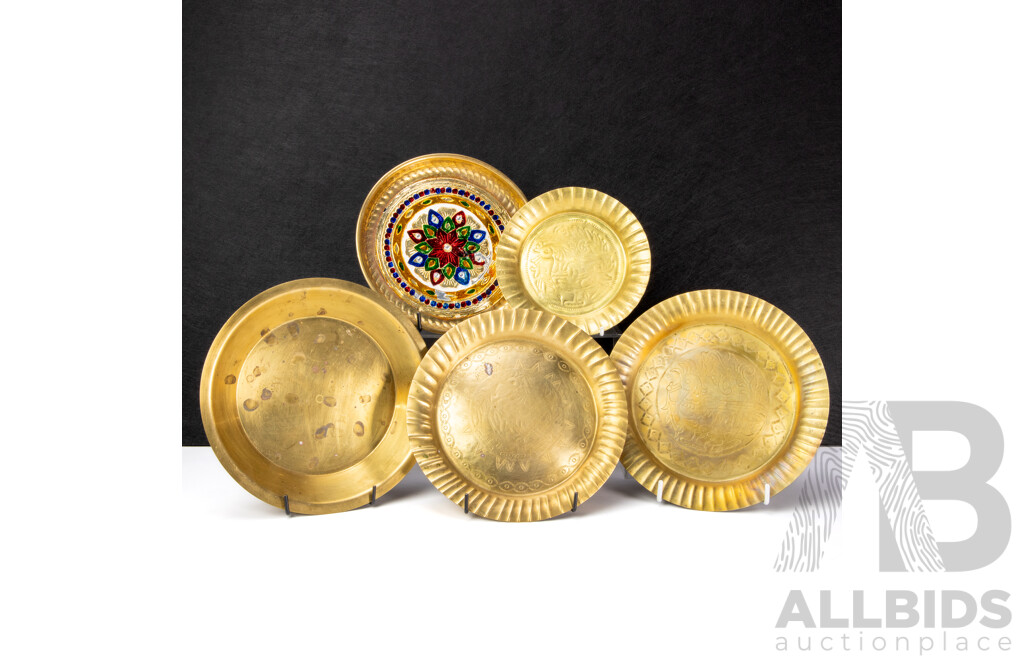 Set of Five Decorative Brass Thali Plates