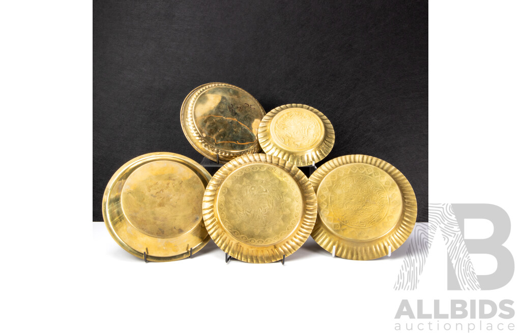 Set of Five Decorative Brass Thali Plates