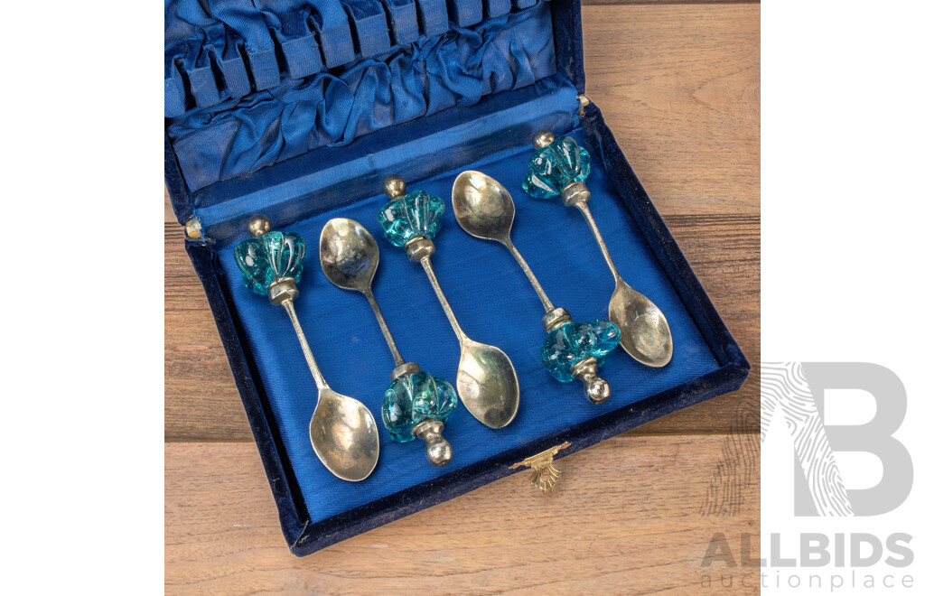 Demitasse Silver Spoons with Blue Glass Finials