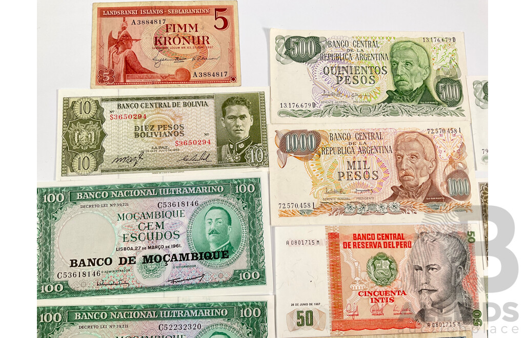 Collection of Vintage Banknotes Including Argentina, Bolivia, Peru, Brazil, Colombia, Iceland