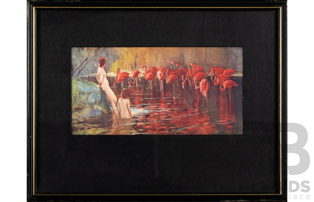 Sydney Long, (19/20th Centuries, 1871-1955), Flamingoes, Vintage Reproduction Colour Print After Original Oil on Canvas From 1902, 27 x 35 cm (frame)