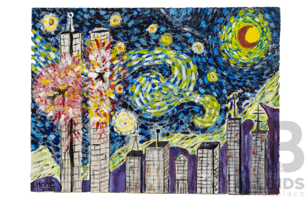 Jordan Hone, (20th Century, Active c2000s), An Appropriation of Vincent Van Gogh's Starry Starry Night, New York World Trade Centres, Oil on Canvas Cloth Backed Onto Masonite, 45 x 61 cm