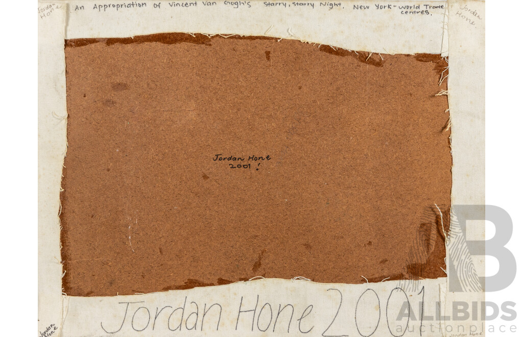 Jordan Hone, (20th Century, Active c2000s), An Appropriation of Vincent Van Gogh's Starry Starry Night, New York World Trade Centres, Oil on Canvas Cloth Backed Onto Masonite, 45 x 61 cm