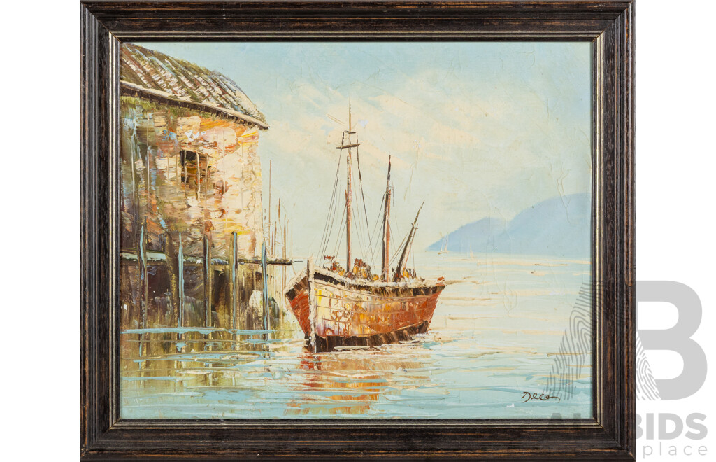 Deca (20th Century), Lone Boat Moored, Original Vintage Acrylic on Canvas Cloth, 49 x 59 cm (frame)